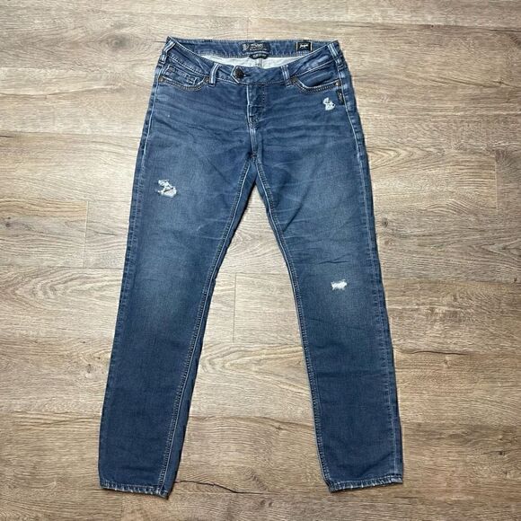 Silver Jeans Tuesday Low Rise Skinny Size W31/L31 Blue Denim Distressed - Picture 1 of 11
